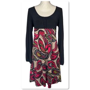 Trina Turk Dress Silk Scoop Neckline Peasant Style Black Pink Paisley Size 12